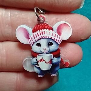 Cute mouse with coffee cup wire dangle earrings white red pink